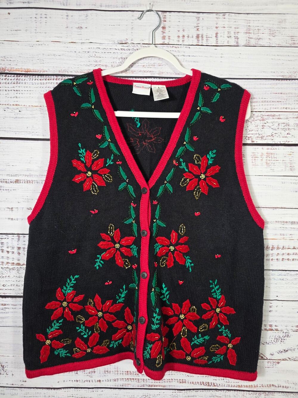 Bobbie Brooks Christmas Sweater Vest XL Poinsette Embroidered Blk Red Holiday